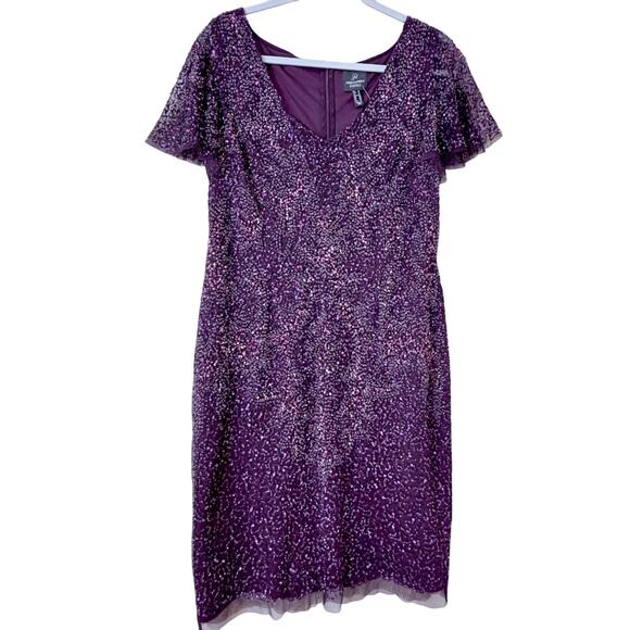 Adrianna Papell Flutter Sleeve Beaded Sequin Dress 14 NYE Glam Cocktail Coquette - Picture 2 of 11